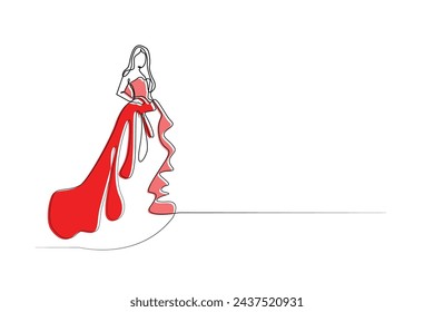 line art of woman wearing party dress.single line of woman wearing dress,party concept.isolated white background