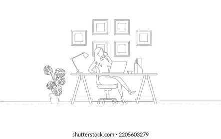 line art of Woman working with phone workplace scene with laptop at her desk at home.
