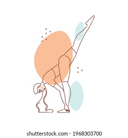 Line art woman yoga color composition with female character in yoga pose vector illustration