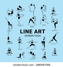 Line art woman yoga composition with editable text and set of isolated female figures with captions vector illustration