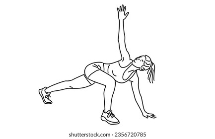 line art of woman in a yoga pose pulls her arm up vector illustration