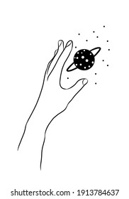 Line art of woman's hand try to touch a planet. Minimalist line art Black and white. Can use for wall art, wall decor, fashion, icon and background. Vector Ilustration.