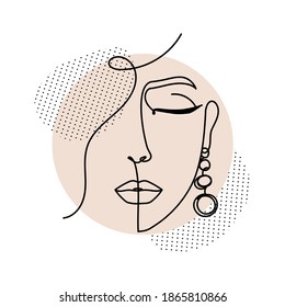 Line art women face with abstract shapes. Continuous art abstract face portrait vector illustration.Modern fashion illustration for prints, logo, business, card, highlights etc.