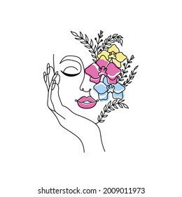 Line art women face with flowers. Social media cover templates collection for posts, stories or banners. Continuous line Female Portrait in Profile. Vector Illustration