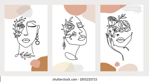 Line art women faces with flowers. Social media cover templates collection for posts, stories or banners. Continuous art portraits with flowers vector illustration.Modern continuous line art fashion.