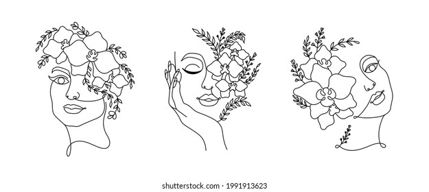 Line art women faces with flowers. Continuous line art in minimalistic style for prints, tattoos, posters, textile, cards etc.