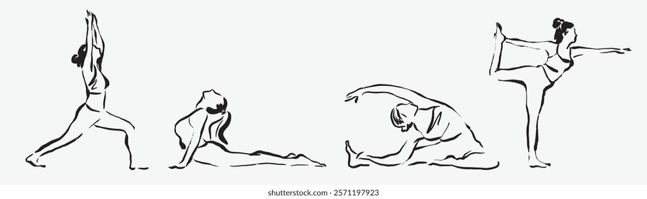 Line art of women practicing yoga poses. Yoga, stretching, balance. Women in various yoga positions. Yoga, women, fitness, stretching, balance, poses. Feminine vector element set.