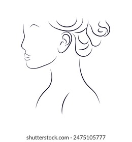 Line art women profile portrait with hair style with black thin lines. Linear elegant women face 
