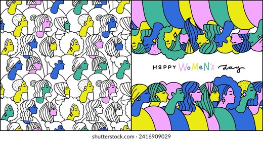 Line art of Women s day art - greeting card and seamless pattern set. Isolated women head profiles doodles. Empowerment And women solidarity concept.