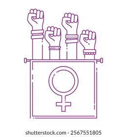 Line Art Women's hands as symbol of power and protest. Concept of unity, revolution, fight, cooperation. Vector illustration