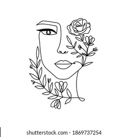 Line Art Women's Portrait Silhouette In Contemporary Abstract Style With Flowers For Cards, Prints, Logo, Fashion Etc. Vector Illustration In Continuous Line Drawing Style. Women Face Portrait Linear