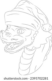 Line art of wooden dragon baby wearing Santa Claus hat. Vector illustration of a wooden little dragon head with a neck in Christmas hat. Baby dragon head in Santa hat with teeth, whiskers, horny scale