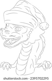 Line art of wooden dragon baby with paws wearing Santa Claus hat. Vector illustration of a wooden little dragon head with a neck and paws in Christmas hat. Baby dragon head in Santa hat with teeth