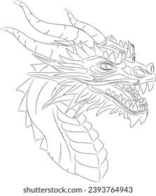 Line art of wooden dragon - symbol of 2024
Vector illustration of a green wooden dragon head with a neck. Head with horns, teeth, mustache and horny scales. Vector illustration of fantastic creatures.