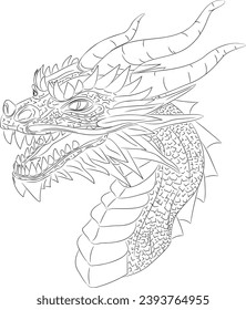 Line art of wooden dragon - symbol of 2024
Vector illustration of a green wooden dragon head with a neck. Head with horns, teeth, mustache and horny scales. Vector illustration of fantastic creatures.