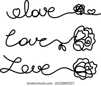 Line art word love with roses in minimalistic black style