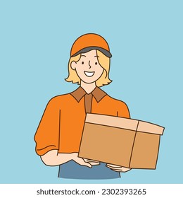 line art worker lifting boxes in warehouse store packing delivery worker hand drawn illustration vector simple