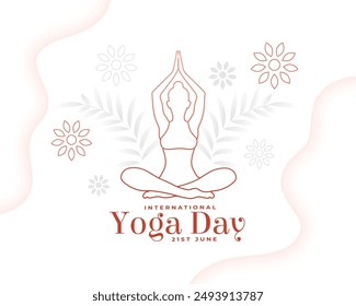 line art world yoga day, woman in yoga body posture with leaves vector