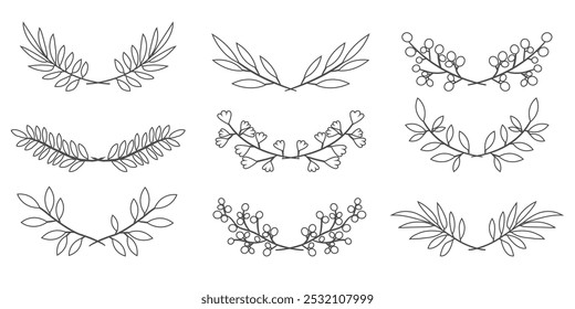 Guirnaldas de arte de línea, hojas botánicas y bordes. Conjunto de Vector de Elementos florales