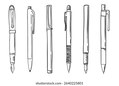 Line Art Writing Pens Collection. Minimal Line Icons of Writing Pens. Outline Drawing of Ink and Ballpoint Pens. Vector Illustrations