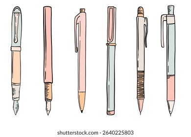 Line Art Writing Pens Collection. Minimal Color Line Icons of Writing Pens. Outline Drawing of Ink and Ballpoint Pens. Vector Illustrations