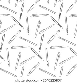 Line Art Writing Pens Seamless Pattern. Minimal Line Icons of Writing Pens. Outline Drawing of Ink and Ballpoint Pens. Vector Illustrations
