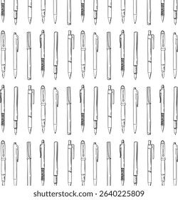 Line Art Writing Pens Seamless Pattern. Minimal Line Icons of Writing Pens. Outline Drawing of Ink and Ballpoint Pens. Vector Illustrations