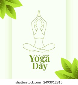 line art yoga day eco poster, woman in yoga pose with green leaves vector