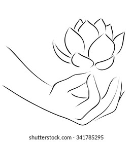 Line art of yoga hand gesturing with lotus symbol