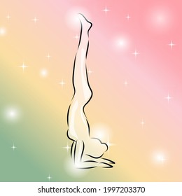 Line art yoga headstand with support pose with silhouette and bright pastel color and sparkling background