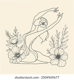 Line Art Yoga Illustration with flowers