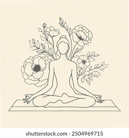 Line art Yoga illustration with flowers