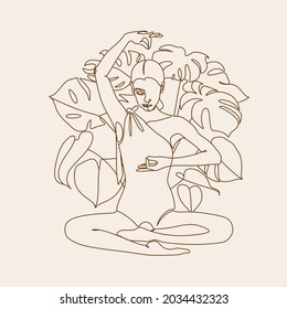 Line art yoga poses women vector. Monstera and tropical leafes line drawing. Minimal trendy print. continuous line drawing of women fitness yoga concept. vector health illustration.