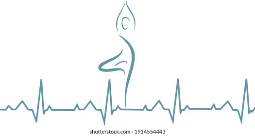 Line art of a yoga position. Yoga makes your heart stronger and cardiology healthier. Heartbeat Line Heart Cardio. Heart rhythm Ecg. Vector Yoga Art. Motivational lifestyle. Mindfulness and peace.