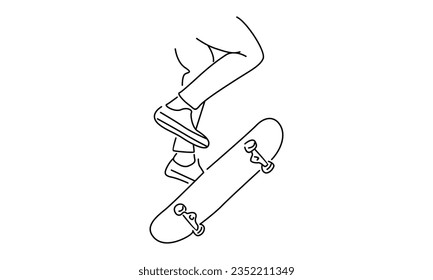 line art of young cool skateboarder man riding skate and performing jump trick