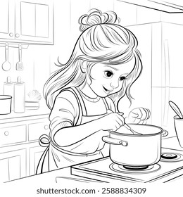 A line art a young girl cooking illustration of a coloring page