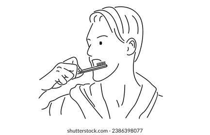 line art of young man brushing his teeth