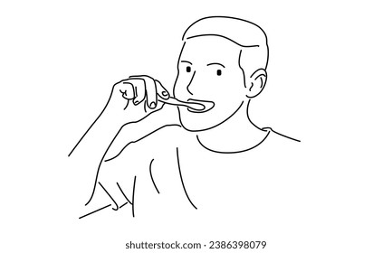 line art of young man brushing his teeth