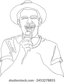 Line art of Young man in hat eating happy ice cream cone, continous line