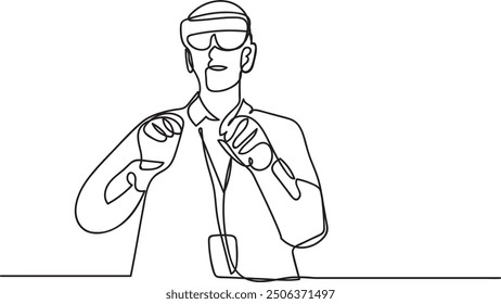 Arte de línea de un hombre joven que usa un auricular de realidad mixta y mueve sus manos en el aire. Ilustración de un técnico que trabaja con equipos futuristas.	
