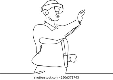 Line art of a young man using a mixed reality headset and moving his hands in the air. Illustration of a technician Working with Futuristic Equipment.	
