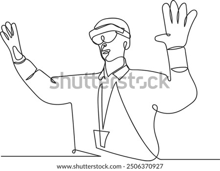 Line art of a young man using a mixed reality headset and moving his hands in the air. Illustration of a technician Working with Futuristic Equipment.	