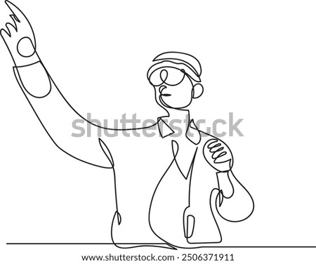 Line art of a young man using a mixed reality headset and moving his hands in the air. Illustration of a technician Working with Futuristic Equipment.	
