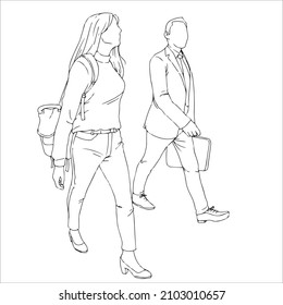 line art of young man and woman couple walking and talking side view