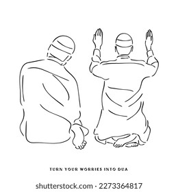 Line art of young men worshipping in Masjid.  Muslims prayer concept. Ramadan Postcard art.