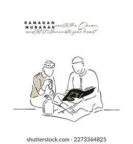 Line art of young men worshipping in Masjid.  Muslims prayer concept. Ramadan Postcard art.