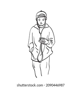 arte en línea joven rapero hombre escuchando música de la ilustración de smartphone vectorial dibujado a mano aislado en fondo blanco 