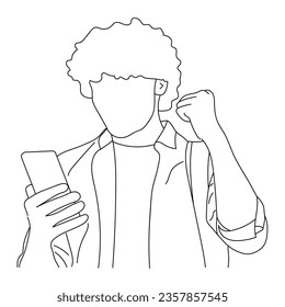 Line art of a young smiling man looking at his phone and raising his fist up 
