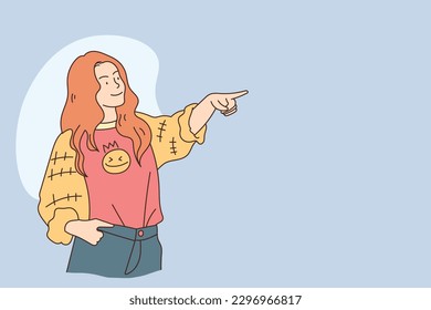 Line art A young student woman is isolated on a white background, pointing to the side to present a product. Hand drawn illustration vector