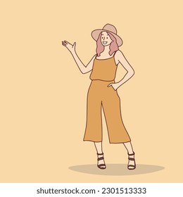 Line art A young student woman is isolated on a white background, pointing to the side to present a product. Hand drawn illustration vector